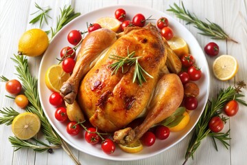 A roasted chicken, glistening and golden brown, is presented on a platter with lemon slices, cherry tomatoes, and fresh rosemary sprigs. The image suggests a festive meal.