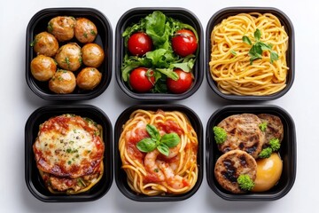 Collection six black plastic containers filled different types Restaurant healthy food delivery