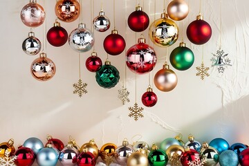 Set of seven golden and green decoration Christmas balls collection hanging isolated
