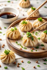 Delicious Steamed Xiao Long Bao Dumplings, Asian Cuisine, Chopsticks