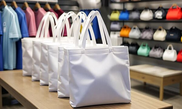 A row of white tote bags displayed in a retail setting.