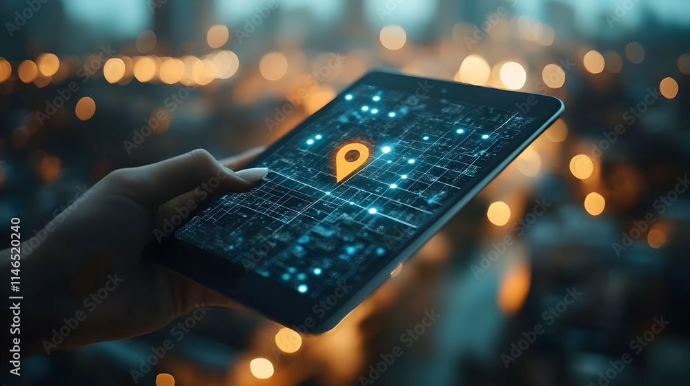 Aufkleber a hand holding a tablet displaying a map with a location pin against a city backdrop.