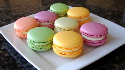 Fototapeta premium Colorful macarons displayed on white plate gourmet dessert kitchen aesthetic top view sweet treats for celebrations