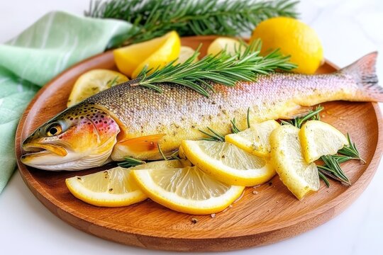 Preparaci&oacute;n de trucha fresca con lim&oacute;n y hierbas en un plato r&uacute;stico