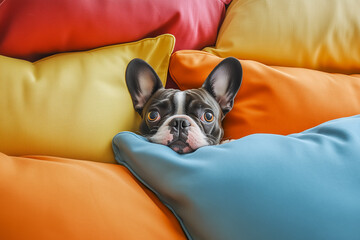 A French Bulldog stuck in a pile of pillows, with only its head poking out and a comically surprised expression