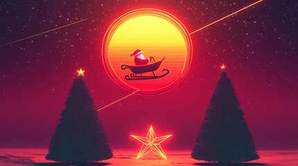 Fototapeta premium A stylized Christmas scene with a neon Santa sleigh flying across a glowing gradient sun in shades of red and gold. 