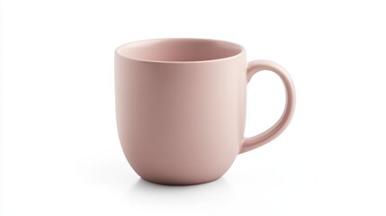 A small ceramic coffee mug in a muted pink tone, with a soft matte texture and minimalist handle, isolated on a clean white background