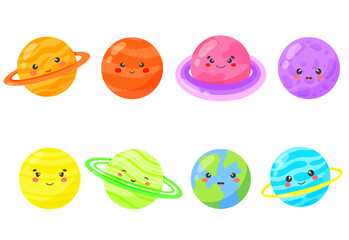 Kids colourful cartoon planet set of vector illustrations. Kawaii character. Galaxy, space, universe