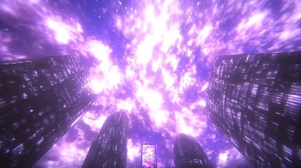 Futuristic Cityscape Under Purple Sky Glow