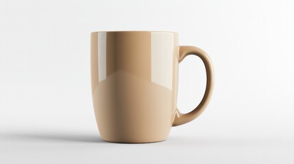 A tall ceramic coffee mug in a glossy finish, with a subtle beige tone and a straight handle, isolated on white
