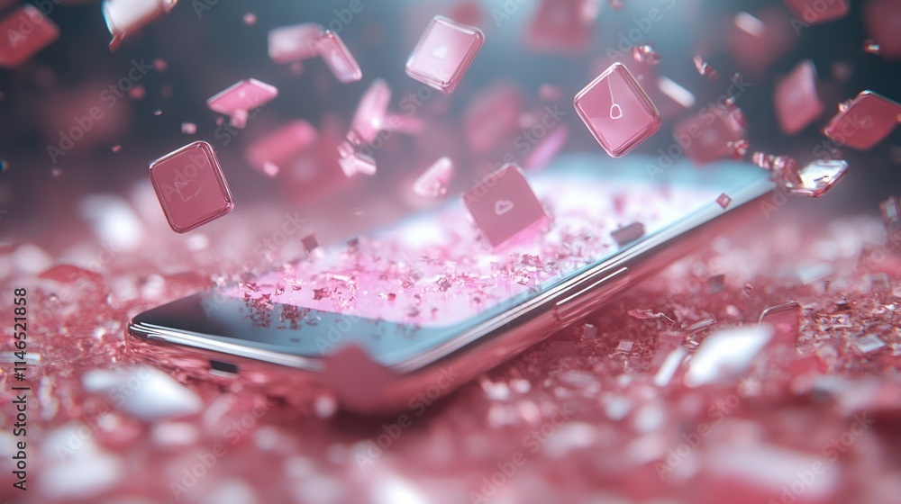 Poster shattered phone screen with digital icons exploding.