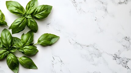 Fresh basil leaves on marble surface culinary herbs kitchen natural light close-up organic cooking inspiration