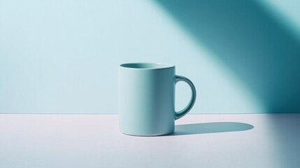 A tapered ceramic coffee mug in soft blue, with a minimalist silhouette and smooth handle, isolated on white