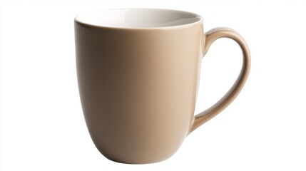 A wide, flat ceramic coffee mug in a matte taupe finish, emphasizing its modern and simple design, on white