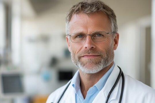 A wise male doctor stands in a clinical environment with a gentle expression, symbolizing the trustworthiness and care that practitioners bring to patients in healthcare settings.