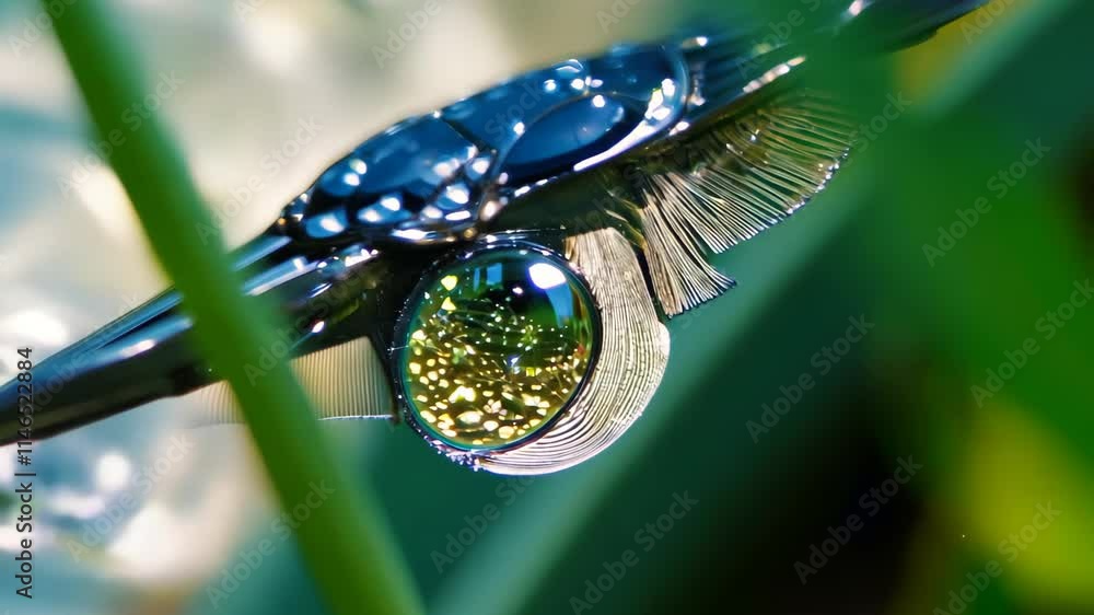 Poster fascinating close-up of a colorful water droplet resting on a metallic surface in a lush garden
