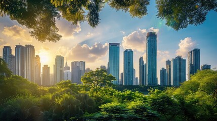 Obraz premium Vibrant Urban Skyline at Sunset Surrounded by Lush Greenery