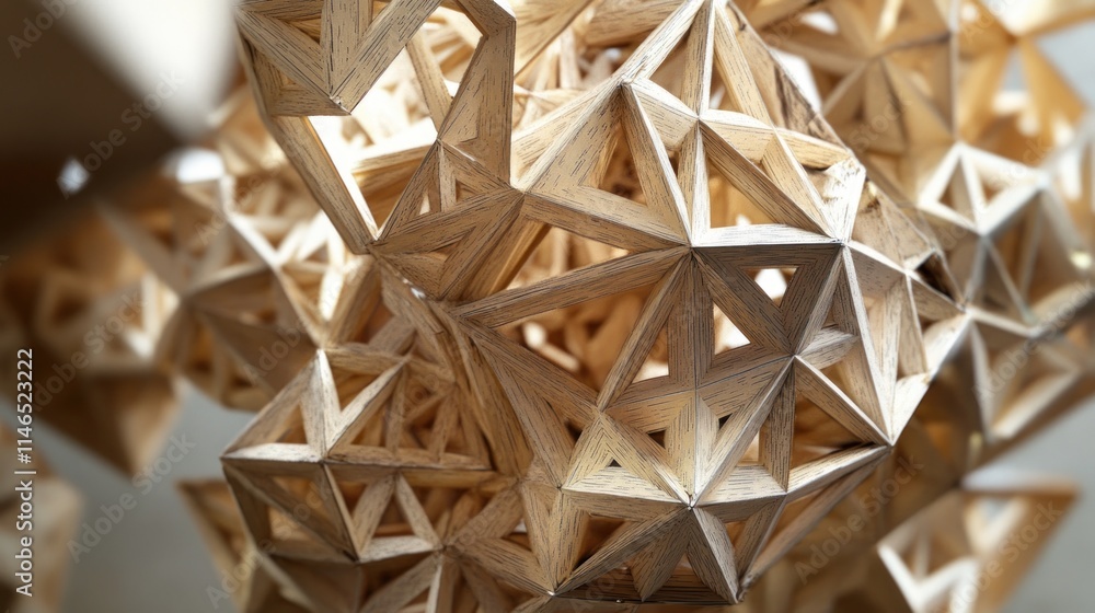 Poster intricate geometric structure made of wooden components, showcasing design and creativity.