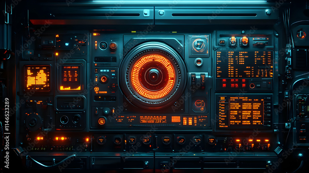 Poster futuristic control panel with glowing elements and various buttons and displays.