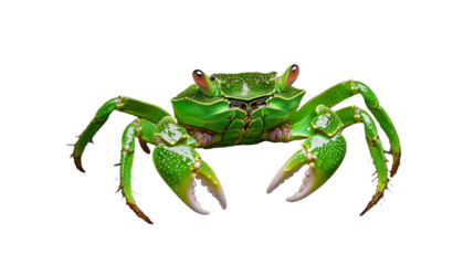 Vibrant green crab with detailed features on transparent background