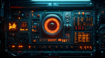 Obraz premium Futuristic control panel with glowing elements and various buttons and displays.