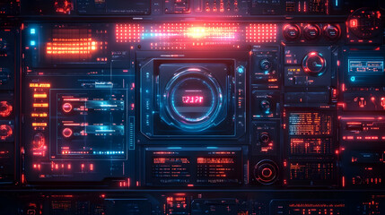 A futuristic interface featuring glowing screens and controls, suggesting advanced technology.