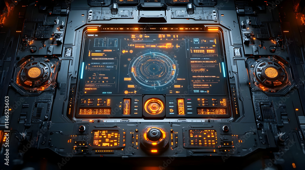 Poster futuristic control panel with glowing interfaces and data displays.