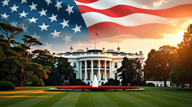 Majestic White House at sunrise, bathed in the warm glow of dawn, with an American flag waving proudly overhead. A breathtaking view!