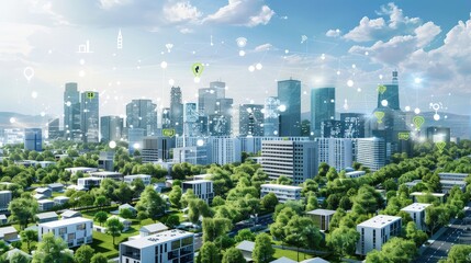 Obraz premium Futuristic Smart City Overview with Technology Integration and Green Spaces