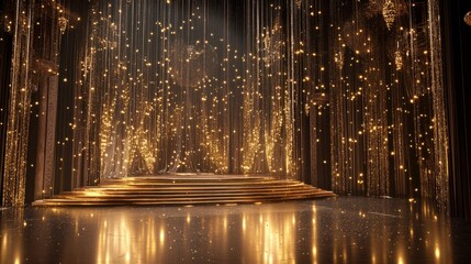 A glamorous stage with cascading golden lights, a glossy floor, and intricate details, creating a luxurious ambiance