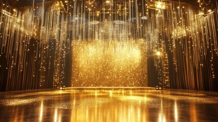 A glamorous stage with cascading golden lights, a glossy floor, and intricate details, creating a luxurious ambiance