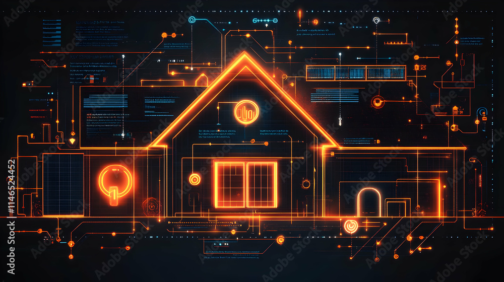 Poster a digital representation of a smart home with circuit designs and glowing elements.