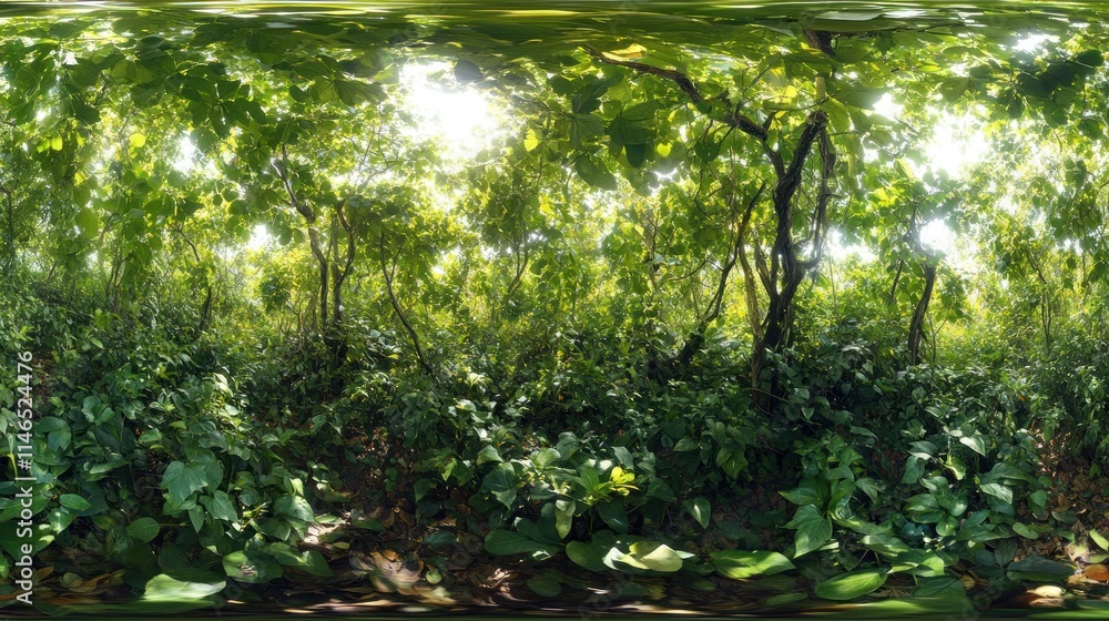 Poster lush green forest with sunlight filtering through the leaves, creating a serene atmosphere.
