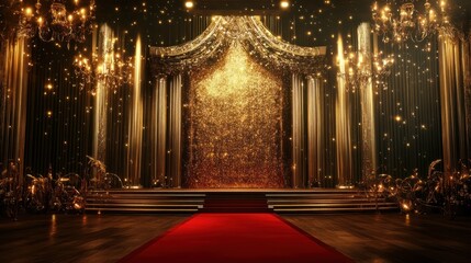 Fototapeta premium A grand stage with a sparkling golden backdrop, red carpet, and elaborate lighting, set for a prestigious event