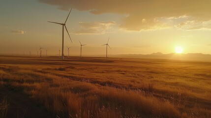 Obraz premium Majestic Sunset Over a Serene Wind Farm in Golden Fields