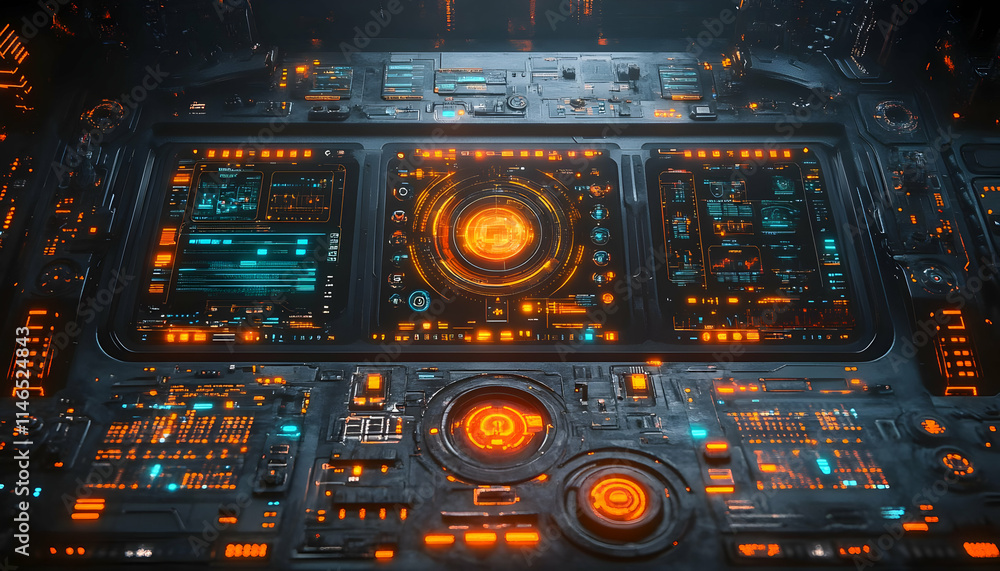 Poster futuristic control panel with glowing interfaces and intricate designs.