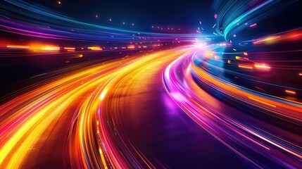 Abstract, vibrant light trails with digital effects