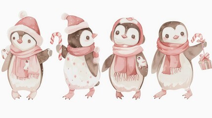 Obraz premium Cute watercolor clip art collection of penguins dressed in Christmas attire