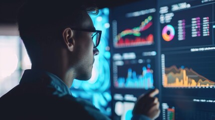 Data Analyst Analyzing Complex Data Visualizations on Digital Screen