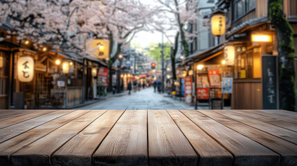 Fototapeta premium close up of empty wooden table with blurred japanese street food stalls background 