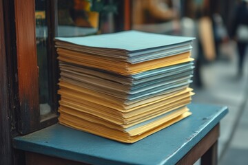 Fototapeta premium Stack of Medical Pamphlets on Outdoor Table in Soft-Focus Aesthetic