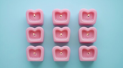 Fototapeta premium Nine Pink Heart Candles Burning on Blue Background