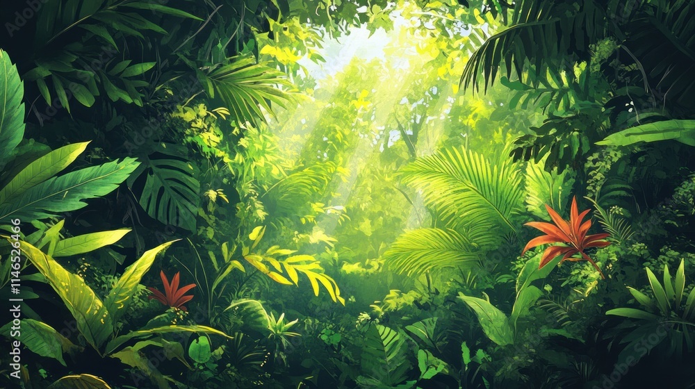 Poster Lush jungle scene with vibrant foliage and sunlight filtering through the trees.