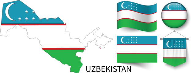 The different designs of Uzbekistan's national flags and the map showing Uzbekistan's borders