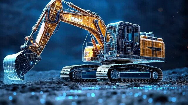 Digital Excavator: A sleek, digital rendering of an excavator, bathed in blue light and illuminated with glowing lines,  captures the future of construction. The machine's metallic.