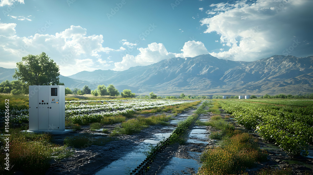 Poster a serene landscape featuring a control unit in a field with mountains in the background.