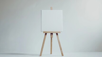 Classic wooden easel with a blank white canvas, standing upright isolated on white background