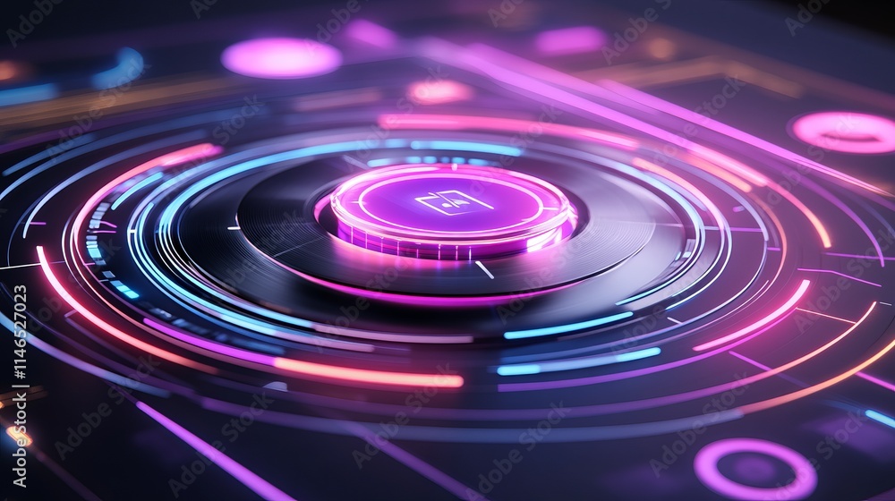 Poster futuristic interface with glowing circular button