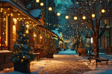 Winter Wonderland: Festive Christmas Market Scene with Charming Lights and Decorations