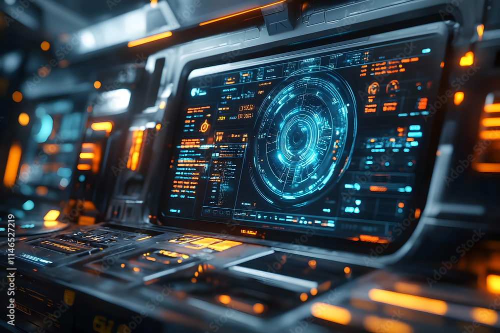 Poster a futuristic control panel displaying digital interfaces and data visualizations.